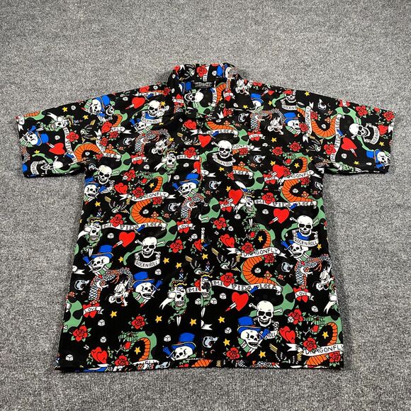 Dragonfly Mens Medium Skull Snake All Over Print Button Camp Shirt Mi Vida Loca - Picture 2 of 8